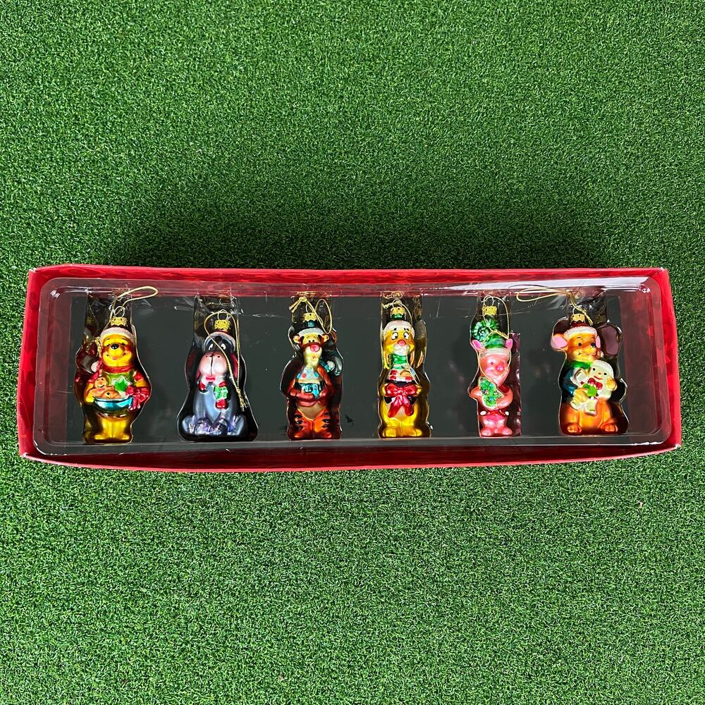 Vintage Y2K Disney Store Winnie the Pooh Glass Christmas Ornaments Set 6